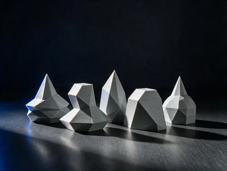 Série de objetos geométricos impressos, cada um com forma diferente