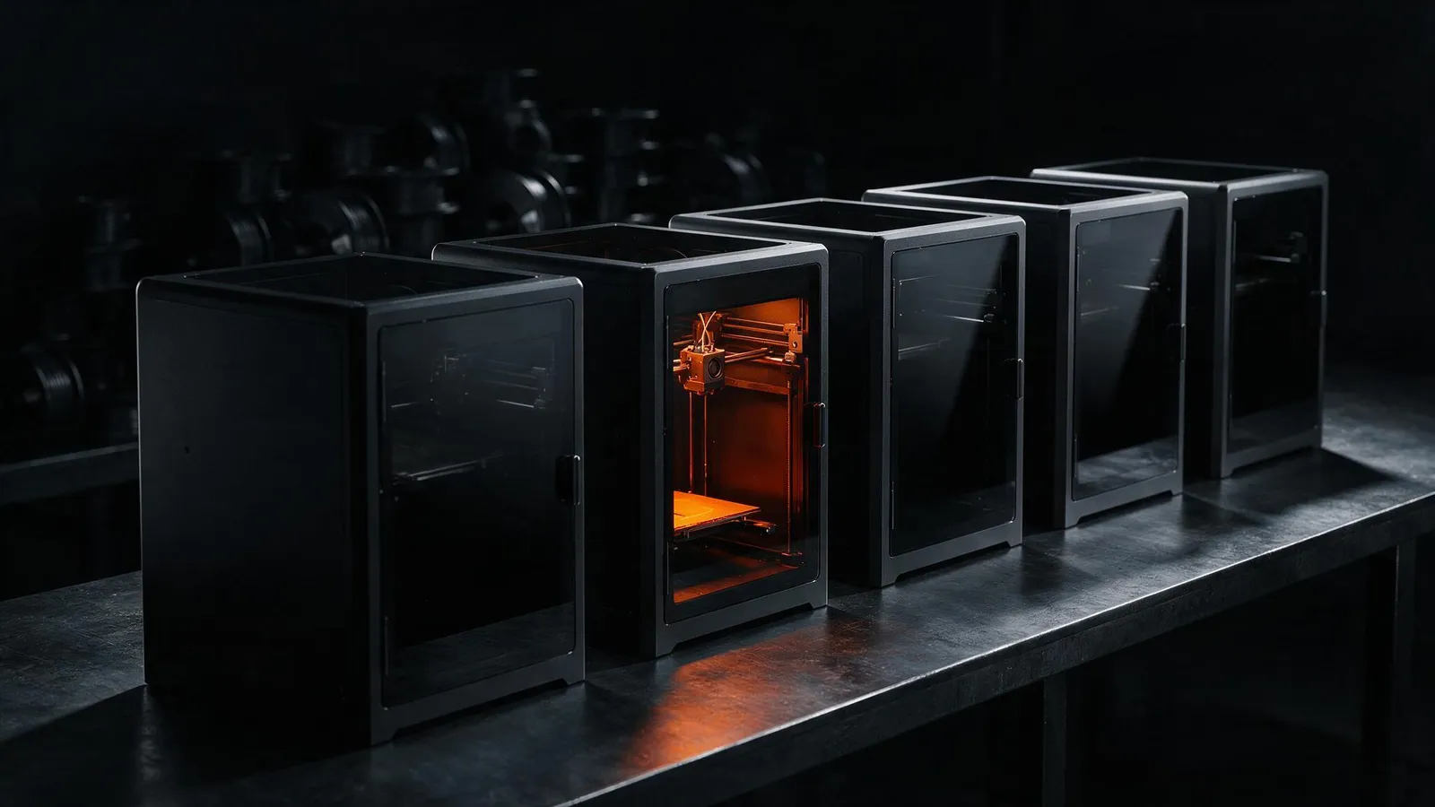 Fileira de impressoras 3D de corpo fechado operando em paralelo sobre bancada de metal escuro, com uma peça sendo impressa